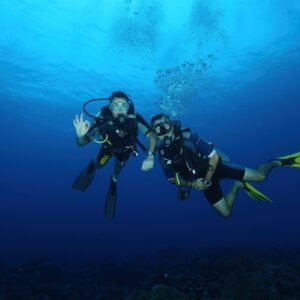 Two scuba divers diving together underwater