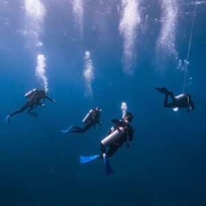 Group of scuba divers descending together