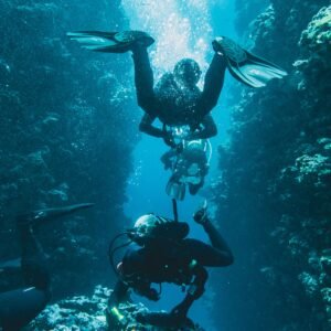 Scuba diver exploring a coral reef canyon